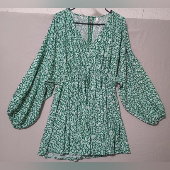 Glam Dress Womens L Fit & Flare Peasant Chiffon Cottagecore Green White Modest - Picture 1 of 6